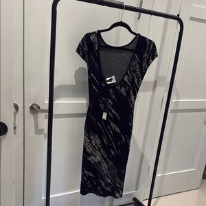 BCBGMaxAzria Black and Gray Knit Stretch Bodycon Midi Dress - NWT $228